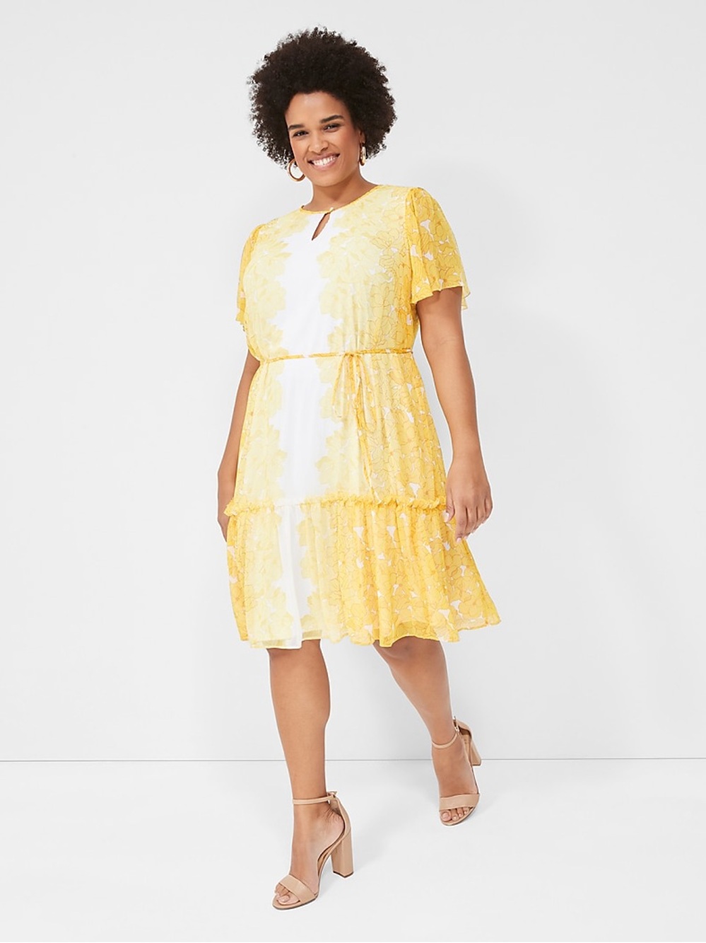 Lane Bryant 18/20 Yellow Floral Flutter Sleeve Tiered Dress NWT Plus Size Belted